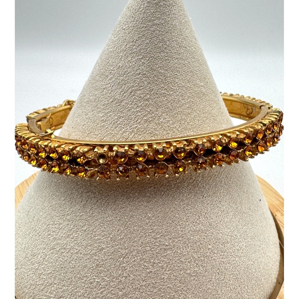 Vintage Rhinestone Bracelet Orange Gold Tone Hinged Clamper Bangle MCM READ